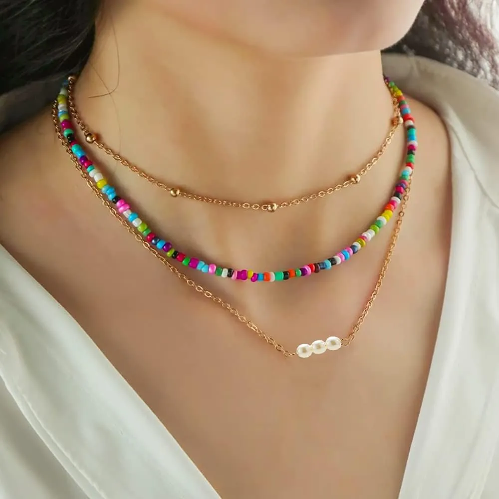 4-12 Pieces Beaded Choker Necklaces for Women Boho Seed Bead Choker Set Hawaiian Handmade Turquoise Beach Beads Necklace Chain Jewelry