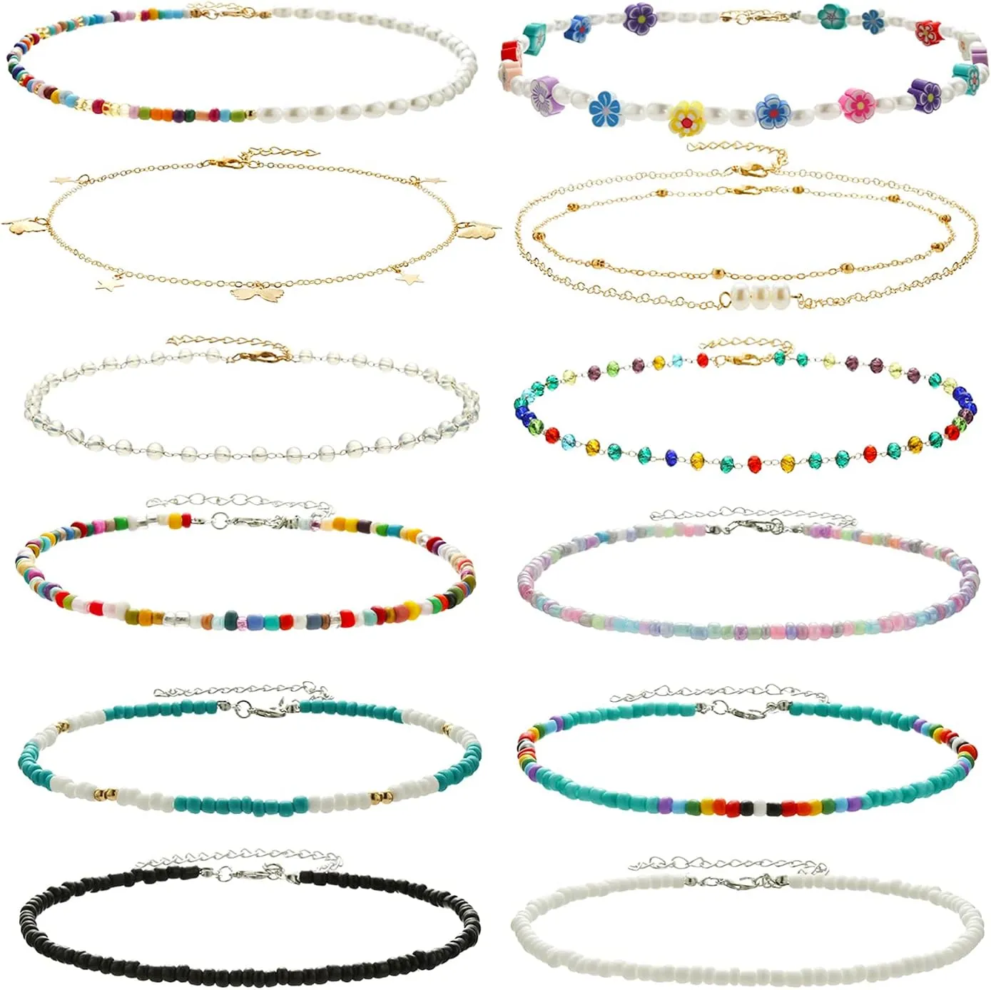4-12 Pieces Beaded Choker Necklaces for Women Boho Seed Bead Choker Set Hawaiian Handmade Turquoise Beach Beads Necklace Chain Jewelry