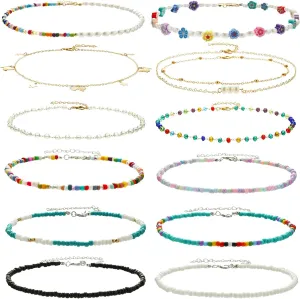 4-12 Pieces Beaded Choker Necklaces for Women Boho Seed Bead Choker Set Hawaiian Handmade Turquoise Beach Beads Necklace Chain Jewelry