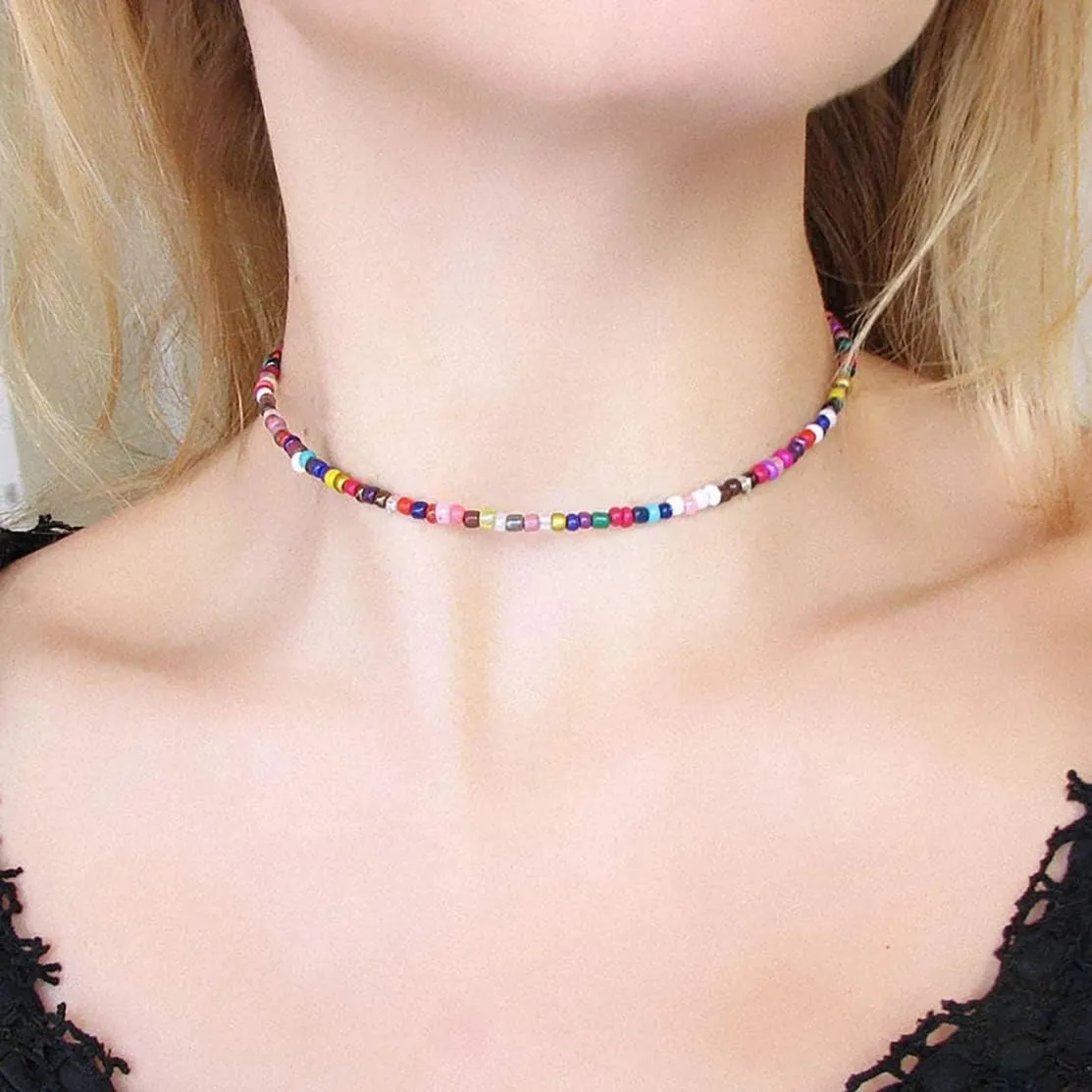 4-12 Pieces Beaded Choker Necklaces for Women Boho Seed Bead Choker Set Hawaiian Handmade Turquoise Beach Beads Necklace Chain Jewelry