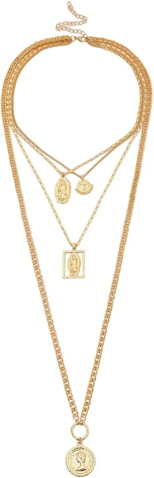 4 Layered Dainty Layered Necklace Chain, Coin Pendant Layered Silver Necklace Long for Women