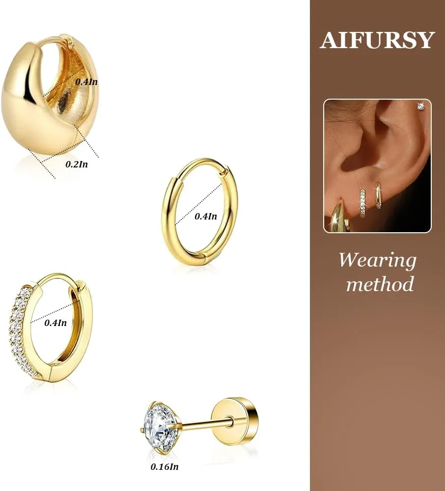 4 Pairs Huggie Earrings for Women, Small Chunky Gold Hoop Earrings with 14K Gold Filled, Lightweight, Stainless Steel Hypoallergenic Stacks Earrings for Multiple Piercing