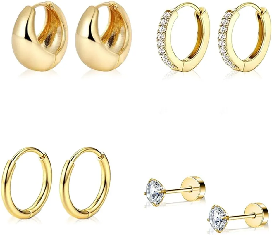 4 Pairs Huggie Earrings for Women, Small Chunky Gold Hoop Earrings with 14K Gold Filled, Lightweight, Stainless Steel Hypoallergenic Stacks Earrings for Multiple Piercing