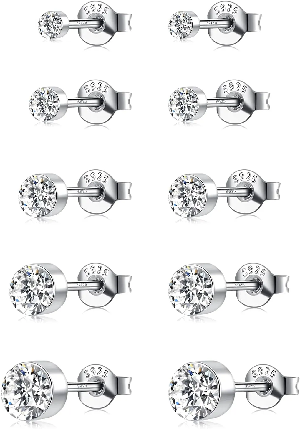 5 Pairs Stud Earrings Set for Women Men 14K White Gold Plated S925 Sterling Silver Cubic Zirconia Earrings Studs Hypoallergenic Earrings Gift Trendy (2/3/4/5/6mm)