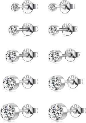 5 Pairs Stud Earrings Set for Women Men 14K White Gold Plated S925 Sterling Silver Cubic Zirconia Earrings Studs Hypoallergenic Earrings Gift Trendy (2/3/4/5/6mm)