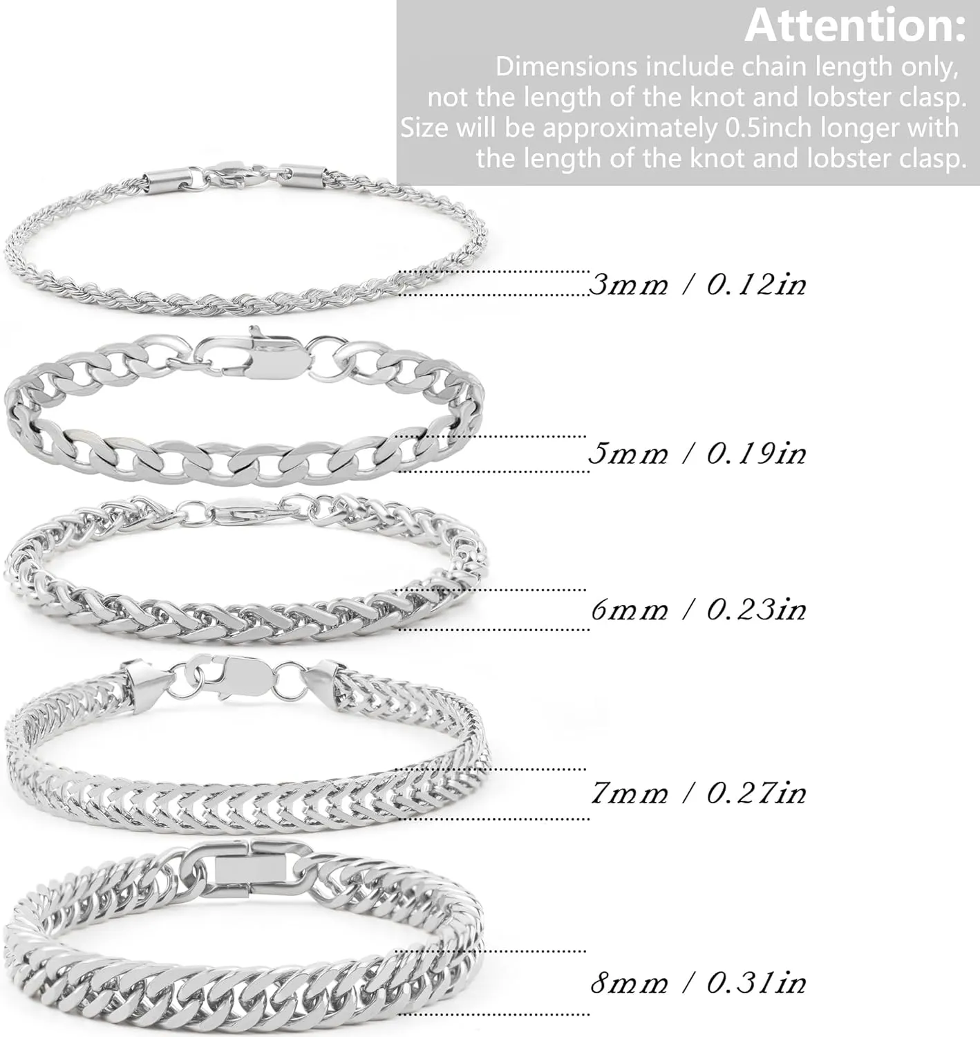 5 Pcs Stainless Steel Chain Bracelet for Men Women Cuban Curb Width Link Chain Bracelets Set Men Jewelry Gifts for Dad Boyfriend Husband, 7/7.5/8.3/9 Inch