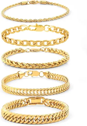 5 Pcs Stainless Steel Chain Bracelet for Men Women Cuban Curb Width Link Chain Bracelets Set Men Jewelry Gifts for Dad Boyfriend Husband, 7/7.5/8.3/9 Inch