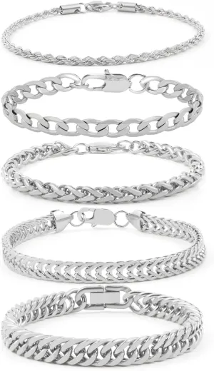 5 Pcs Stainless Steel Chain Bracelet for Men Women Cuban Curb Width Link Chain Bracelets Set Men Jewelry Gifts for Dad Boyfriend Husband, 7/7.5/8.3/9 Inch