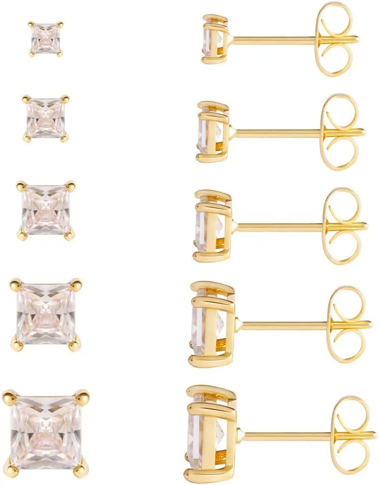 5/6 Pairs Square Clear Cubic Zirconia Stud Earring, 14k Gold Plated Earrings Studs for Women, Stainless Steel Hypoallergenic Small Stud Earrings, Silver Stud Earrings