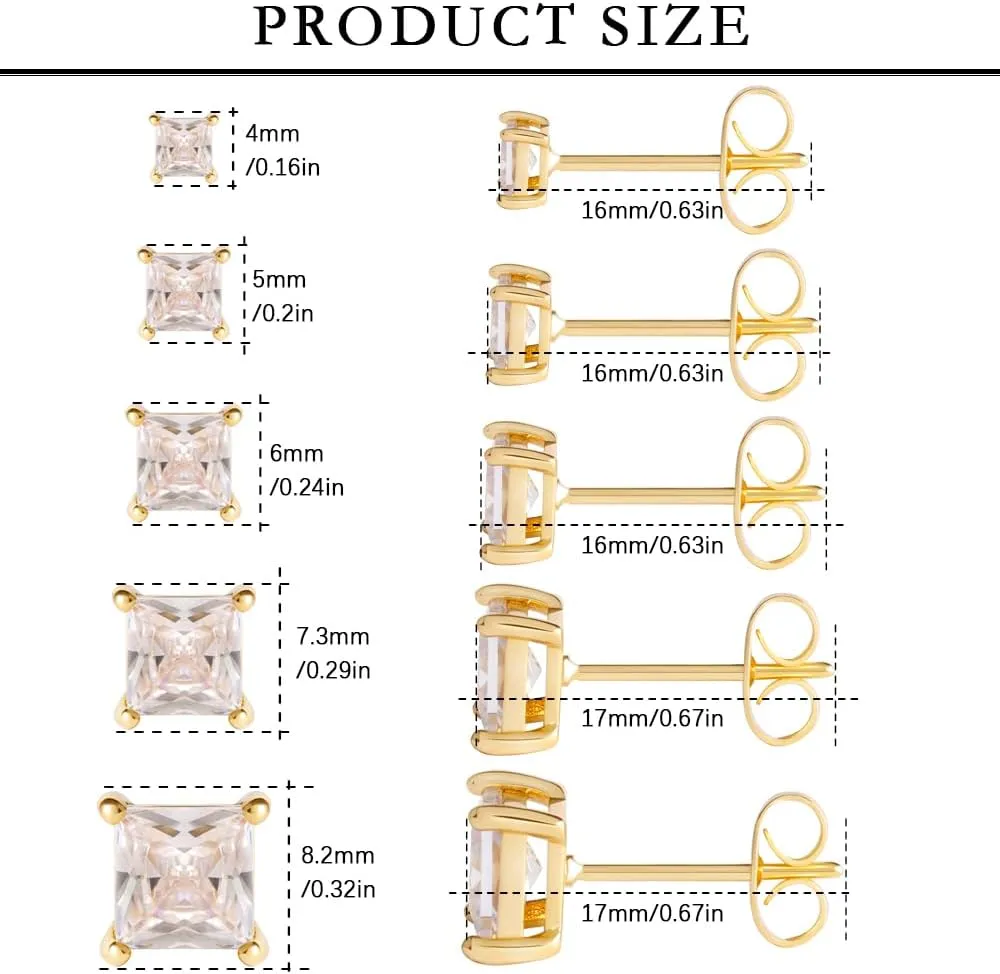 5/6 Pairs Square Clear Cubic Zirconia Stud Earring, 14k Gold Plated Earrings Studs for Women, Stainless Steel Hypoallergenic Small Stud Earrings, Silver Stud Earrings