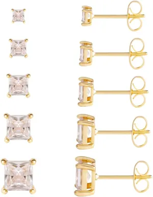 5/6 Pairs Square Clear Cubic Zirconia Stud Earring, 14k Gold Plated Earrings Studs for Women, Stainless Steel Hypoallergenic Small Stud Earrings, Silver Stud Earrings