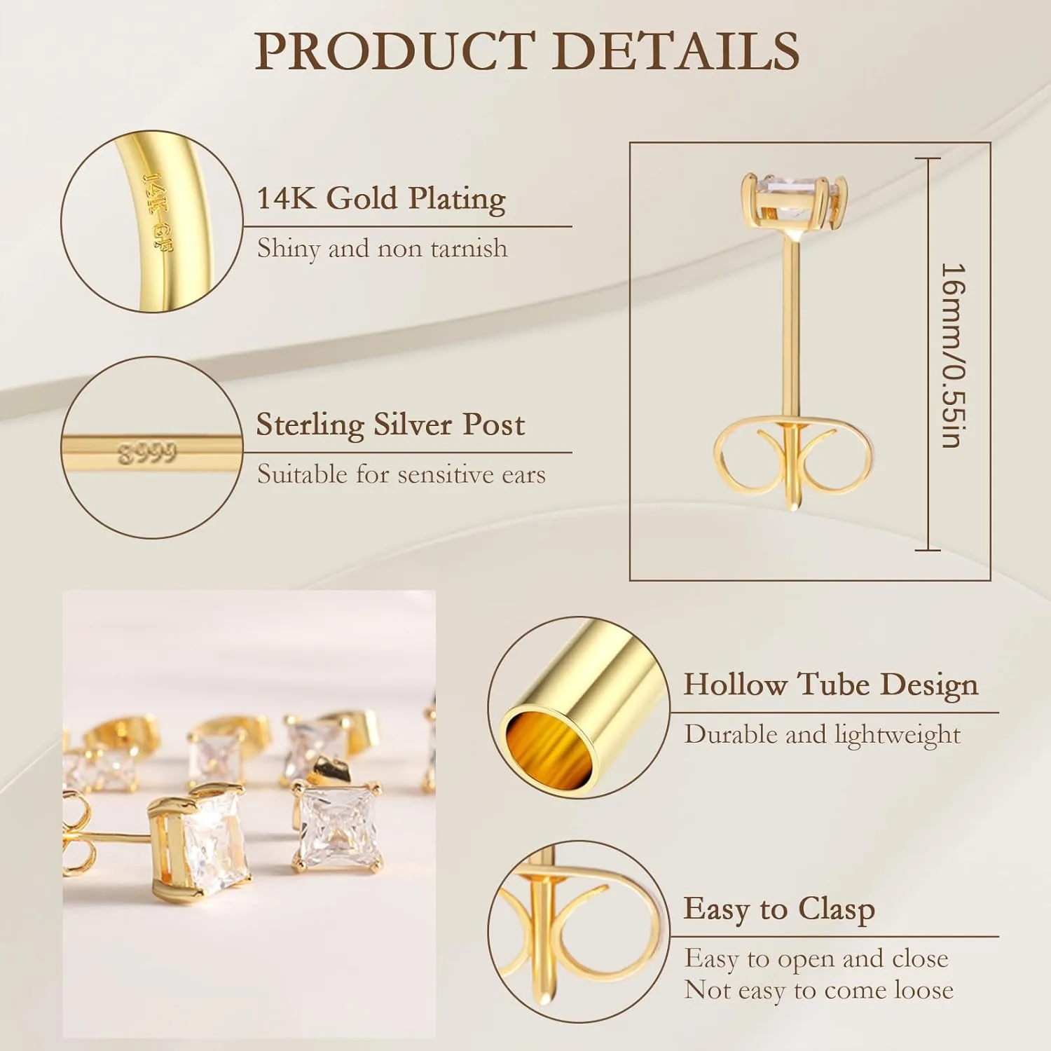 5/6 Pairs Square Clear Cubic Zirconia Stud Earring, 14k Gold Plated Earrings Studs for Women, Stainless Steel Hypoallergenic Small Stud Earrings, Silver Stud Earrings