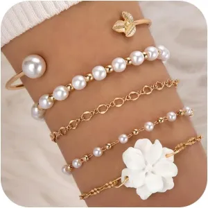 5Pcs Boho White Flower Beaded Pearl Bracelets for Women Trendy, Cute Gold Silver Stackable Floral Petal Pearls Beads Chain Bracelet Holiday Jewelry Gifts
