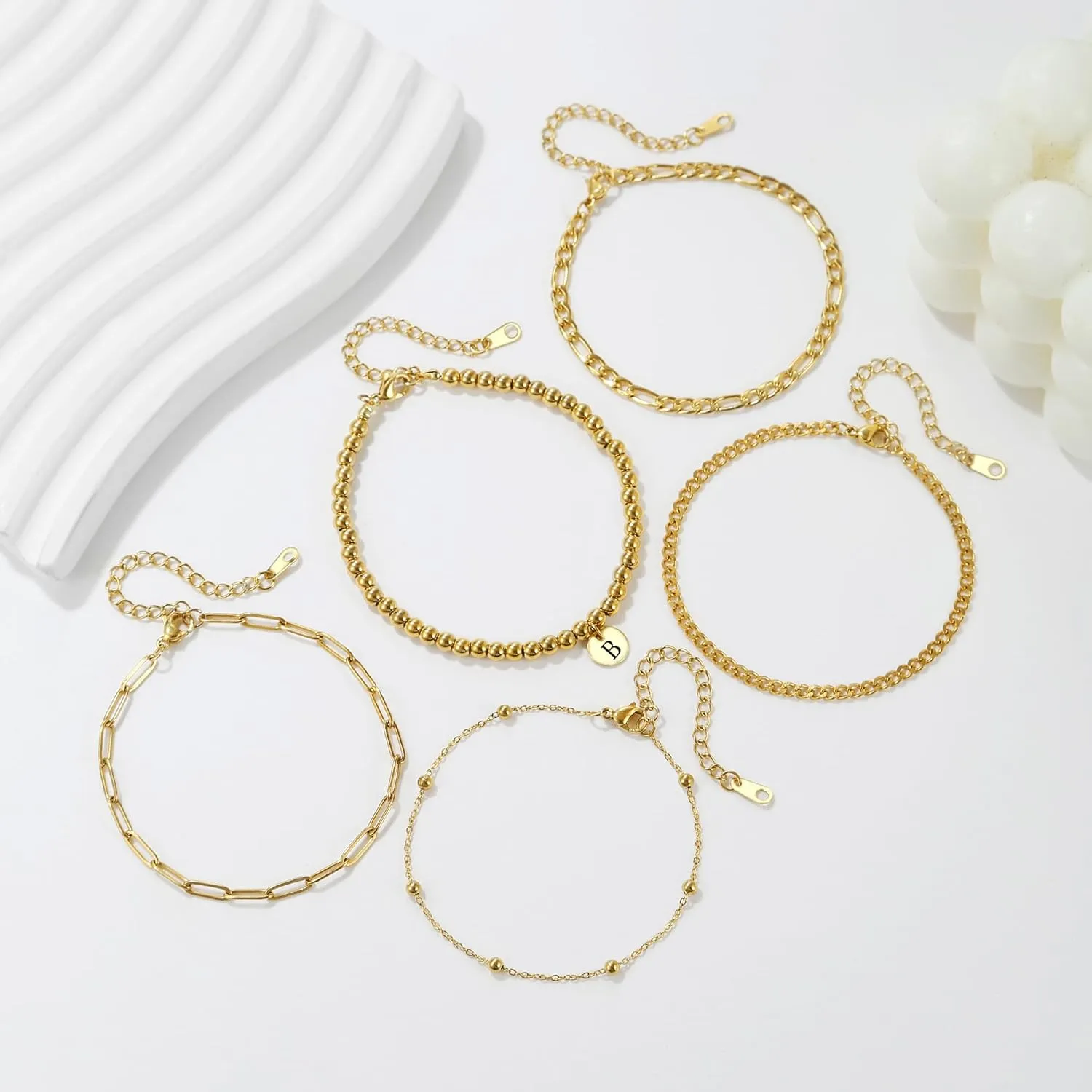 5PCS Gold Bracelets for Women, 18K Gold Plated Dainty Initial Charm Bracelets Set, Adjustable Layered Figaro & Bead Chain Gift for Women