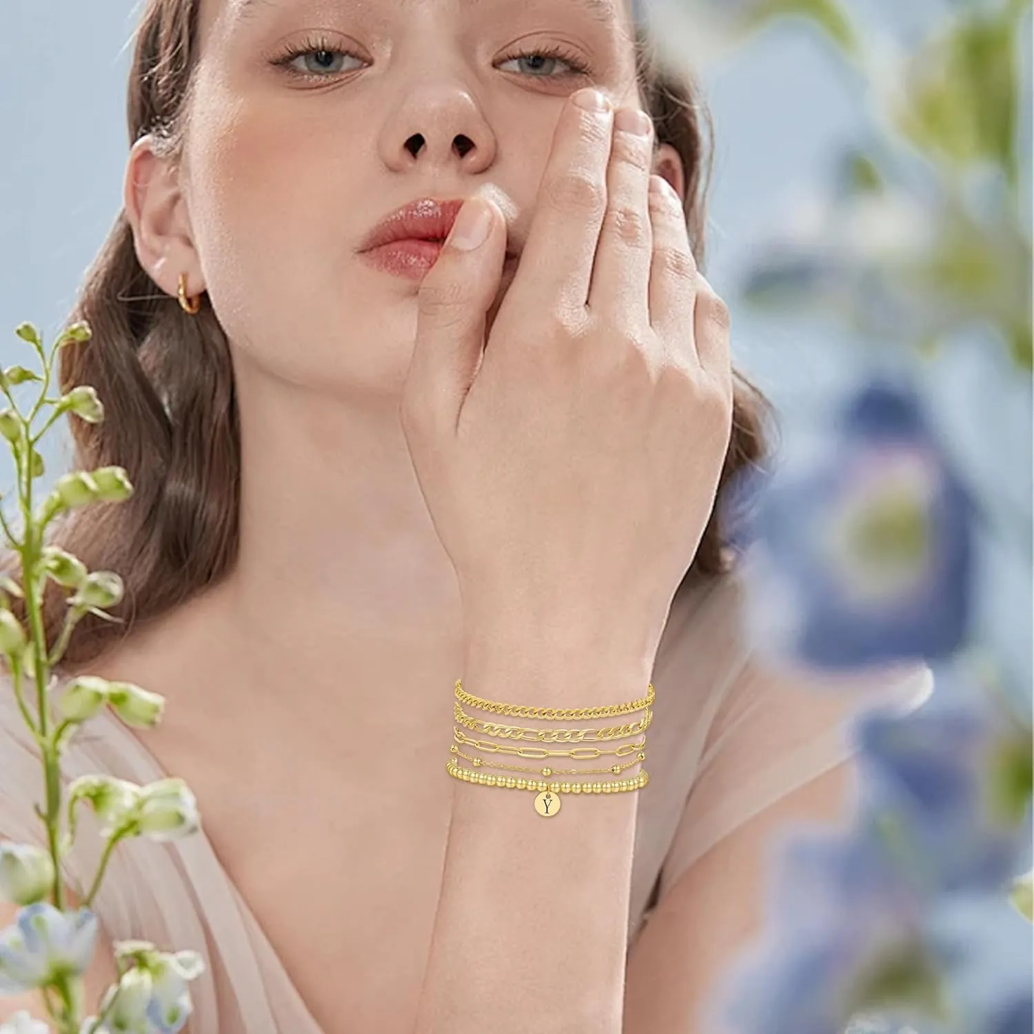 5PCS Gold Bracelets for Women, 18K Gold Plated Dainty Initial Charm Bracelets Set, Adjustable Layered Figaro & Bead Chain Gift for Women