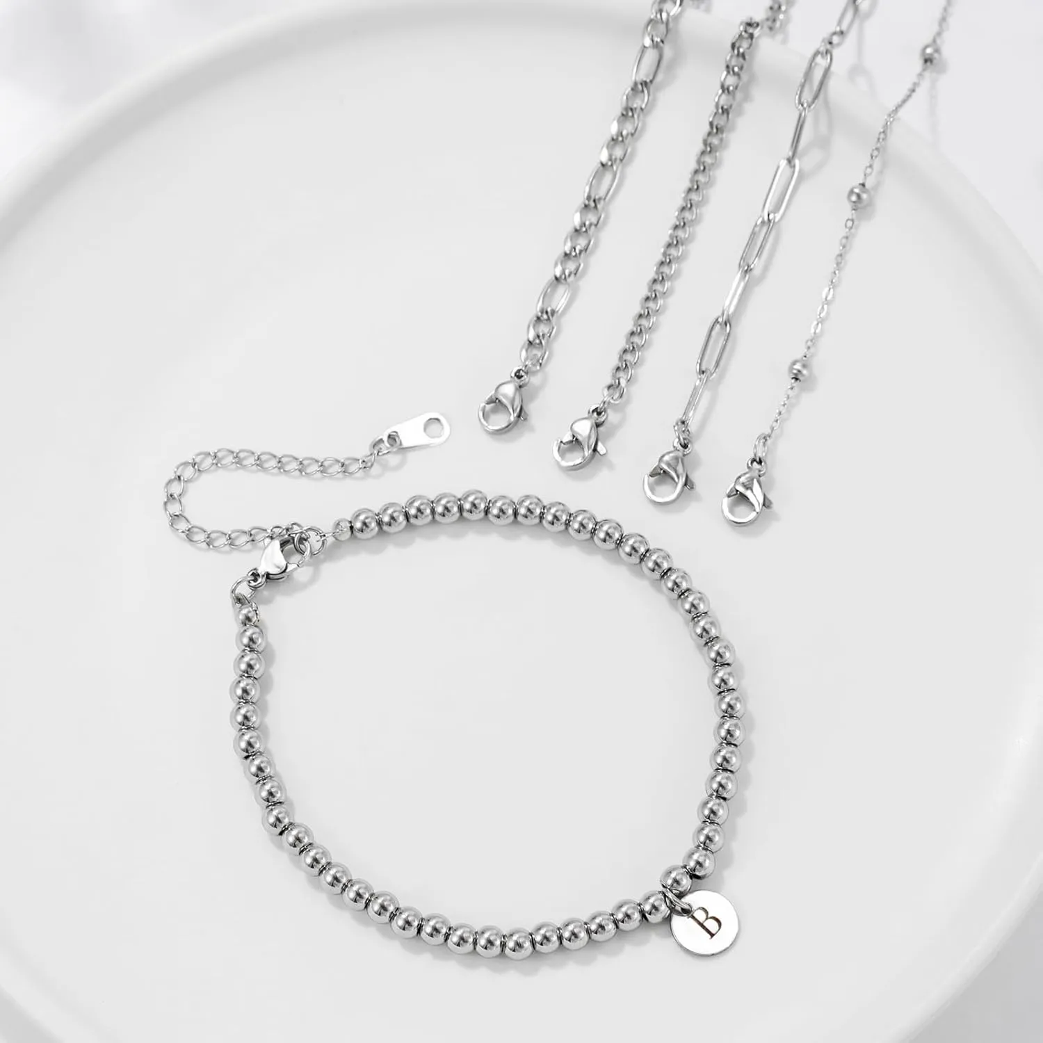 5PCS Gold Bracelets for Women, 18K Gold Plated Dainty Initial Charm Bracelets Set, Adjustable Layered Figaro & Bead Chain Gift for Women