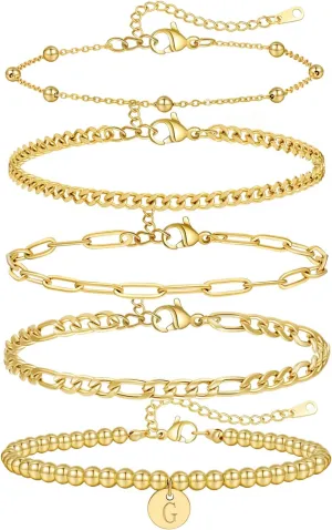5PCS Gold Bracelets for Women, 18K Gold Plated Dainty Initial Charm Bracelets Set, Adjustable Layered Figaro & Bead Chain Gift for Women