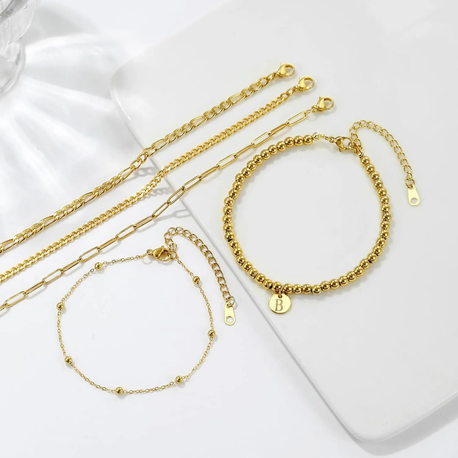 5PCS Gold Bracelets for Women, 18K Gold Plated Dainty Initial Charm Bracelets Set, Adjustable Layered Figaro & Bead Chain Gift for Women