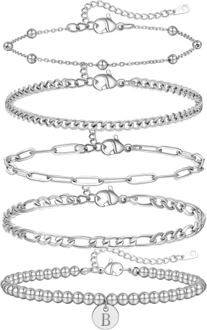 5PCS Gold Bracelets for Women, 18K Gold Plated Dainty Initial Charm Bracelets Set, Adjustable Layered Figaro & Bead Chain Gift for Women