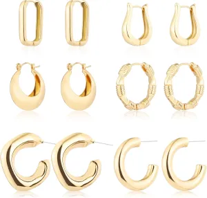 6 Pairs 14K Gold Hoop Earrings for Women Lightweight Chunky Hoop Earrings Multipack Hypoallergenic, Thick Open Twisted Huggie Hoops Earring Set Jewelry for Gifts.