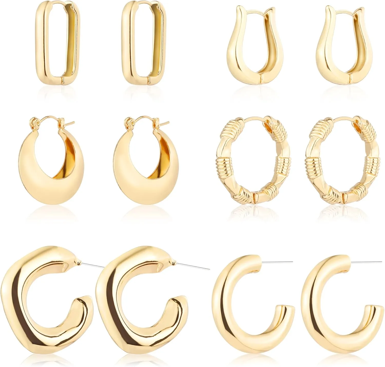 6 Pairs 14K Gold Hoop Earrings for Women Lightweight Chunky Hoop Earrings Multipack Hypoallergenic, Thick Open Twisted Huggie Hoops Earring Set Jewelry for Gifts.