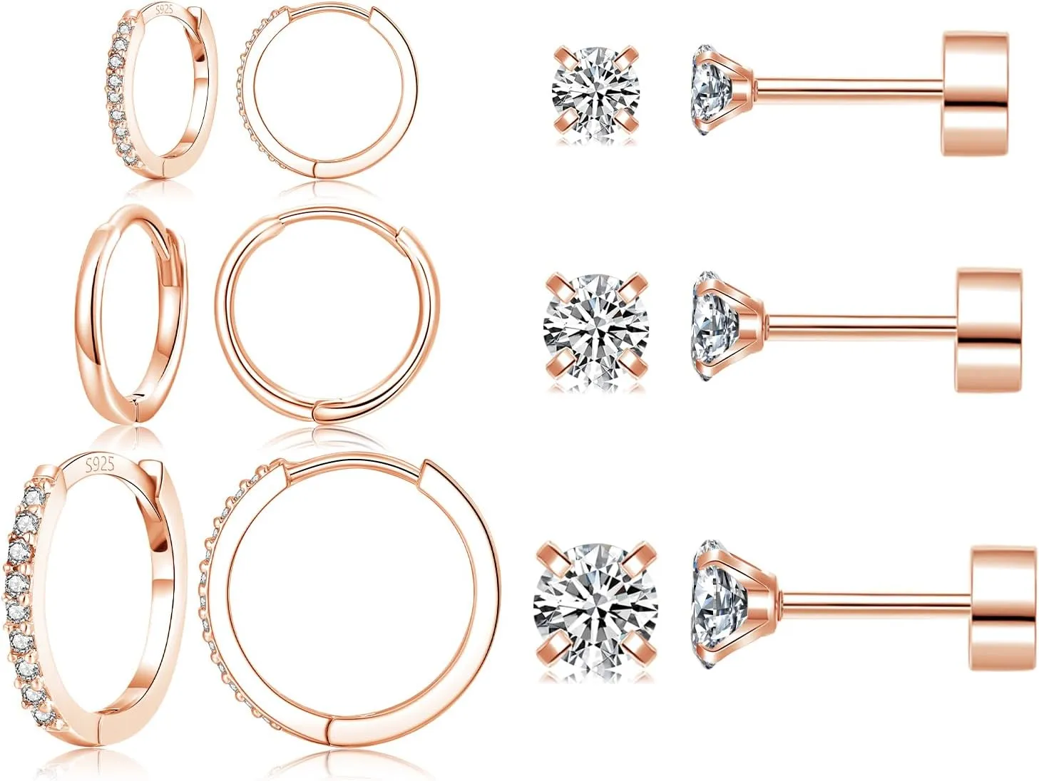 6 Pairs Sterling Silver Earrings Sets for Multiple Piercing Small Silver Huggie Hoop Flat Back Surgical Steel Tiny CZ Stud Earrings for Women Trendy Cartilage Hypoallergenic