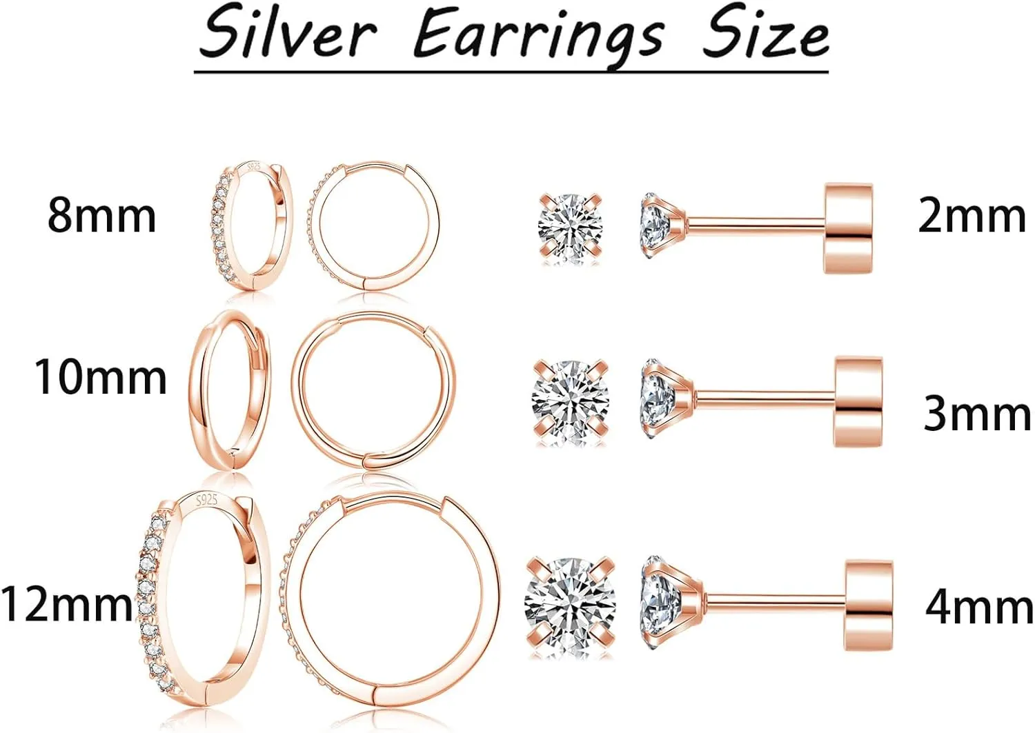 6 Pairs Sterling Silver Earrings Sets for Multiple Piercing Small Silver Huggie Hoop Flat Back Surgical Steel Tiny CZ Stud Earrings for Women Trendy Cartilage Hypoallergenic