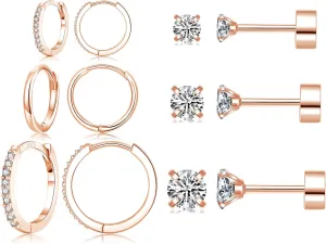 6 Pairs Sterling Silver Earrings Sets for Multiple Piercing Small Silver Huggie Hoop Flat Back Surgical Steel Tiny CZ Stud Earrings for Women Trendy Cartilage Hypoallergenic