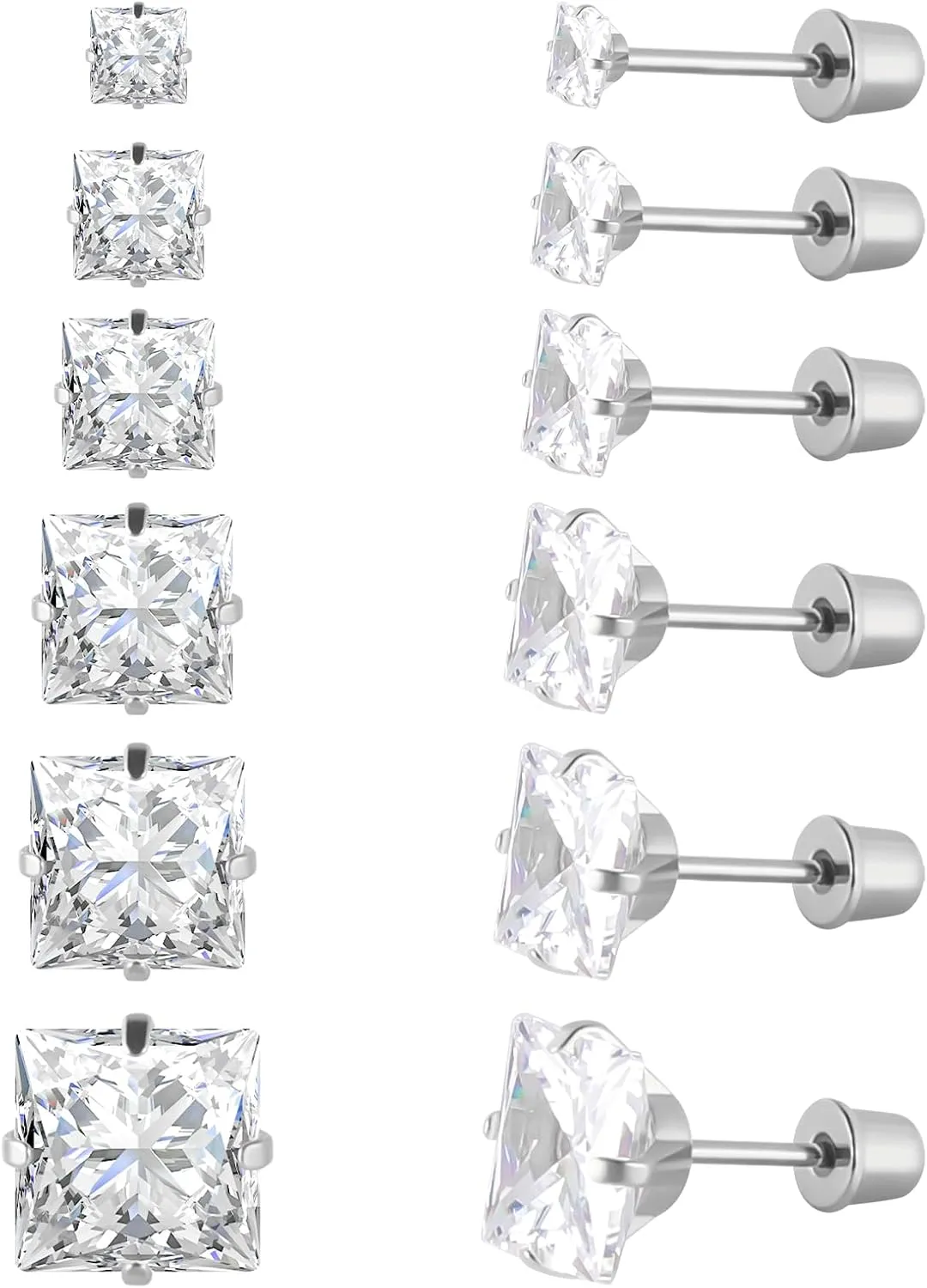 6 Pairs Surgical Stainless Steel Screw back Stud Earrings, 18K Gold Plated Heart Star Square Princess Cut Round Cubic Zirconia CZ Stud Earrings Set