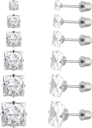 6 Pairs Surgical Stainless Steel Screw back Stud Earrings, 18K Gold Plated Heart Star Square Princess Cut Round Cubic Zirconia CZ Stud Earrings Set