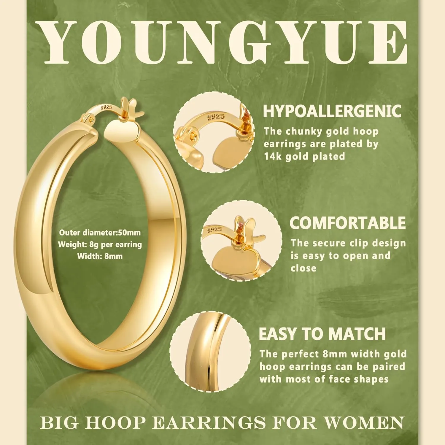 8mm Wide Chunky Gold Hoops 14K Real Gold Plated Hypoallergenic 925 Sterling Silver Hoops Lightweight Big Gold Hoop Earrings for Women 30/40/50/60mm