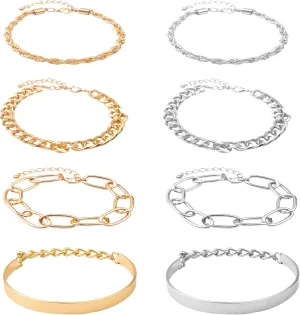 8pcs Dainty Boho Golden and Silver Plated Bracelets Alloy Adjustable Trendy Stackable Chunky Cuff Paperclips Chain Bracelet Links Bangles Jewelry Set for Women Ladies Gifts