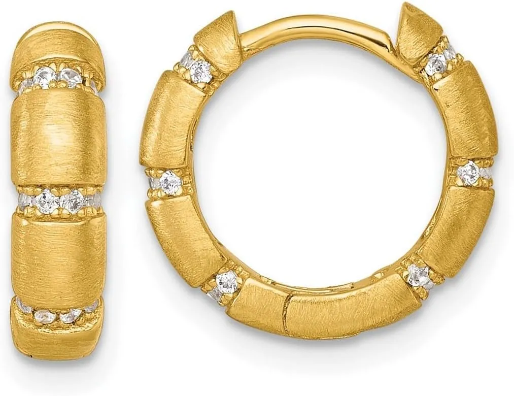 925 Sterling Silver Gold tone Polish Textured CZ Simulated Diamond 4mm Hinged Hoop Earrings 13.9x15.1mm Wide 3.7mm Thick-Hoop Earring for Women