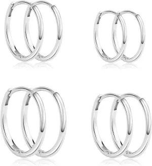 925 Sterling Silver Hoop Earrings for Women 14K White Gold Plated Small Cartilage Hoop Earrings Set Hypoallergenic Lightweight Huggie Earrings for Jewelry Gift,(Silver 8mm,10mm,12mm,14mm)