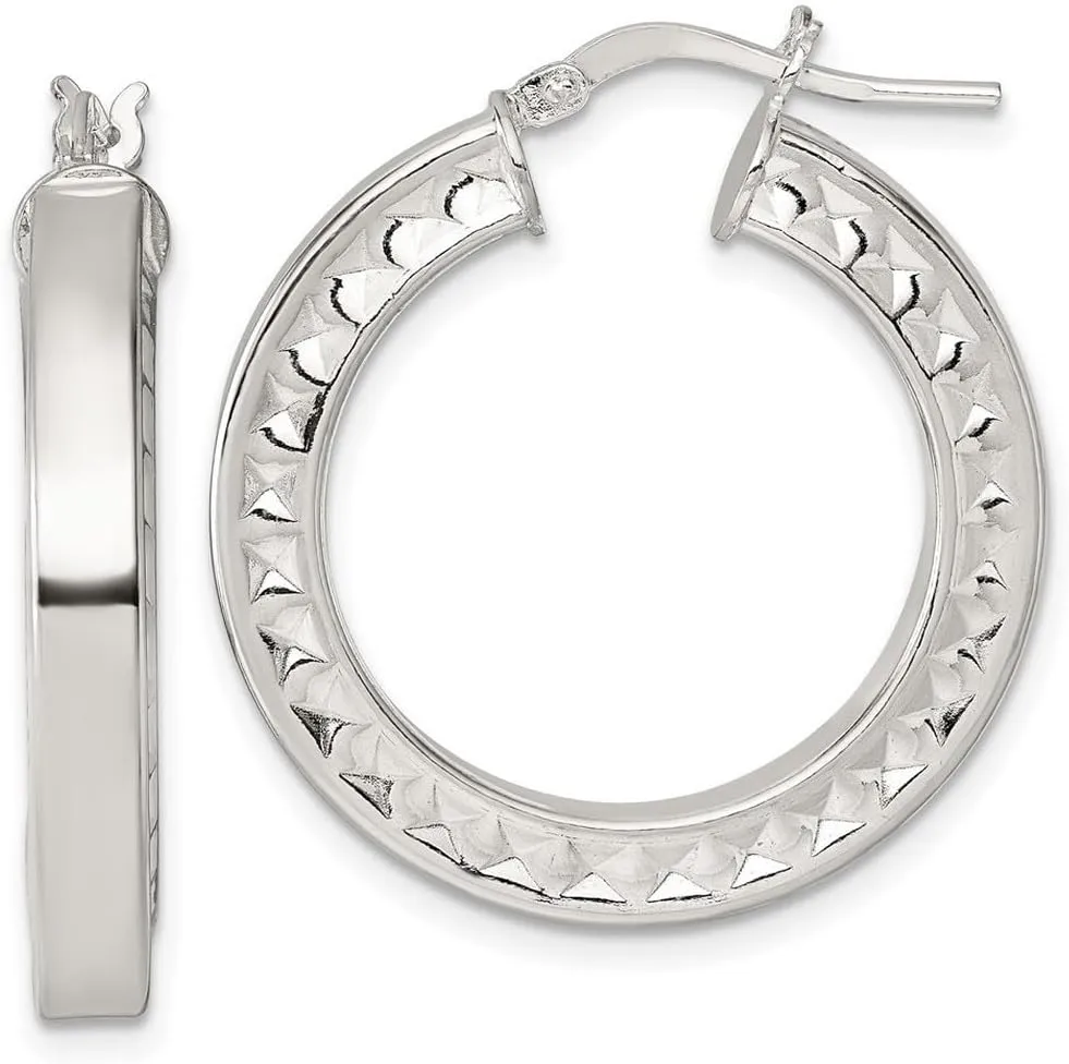 925 Sterling Silver Polished and Textured Hoop Earrings 32x29mm Wide 4.2mm Thick-Hoop Earring for Women