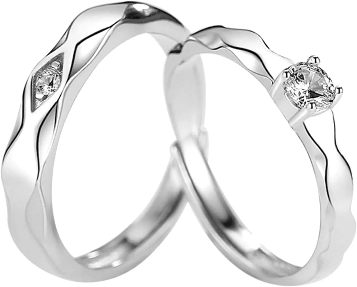 925 Sterling Silver Rings Engagement Ring, Adjustable Wedding Rings for Couple Personalized Wave Ring with Cubic Zirconia