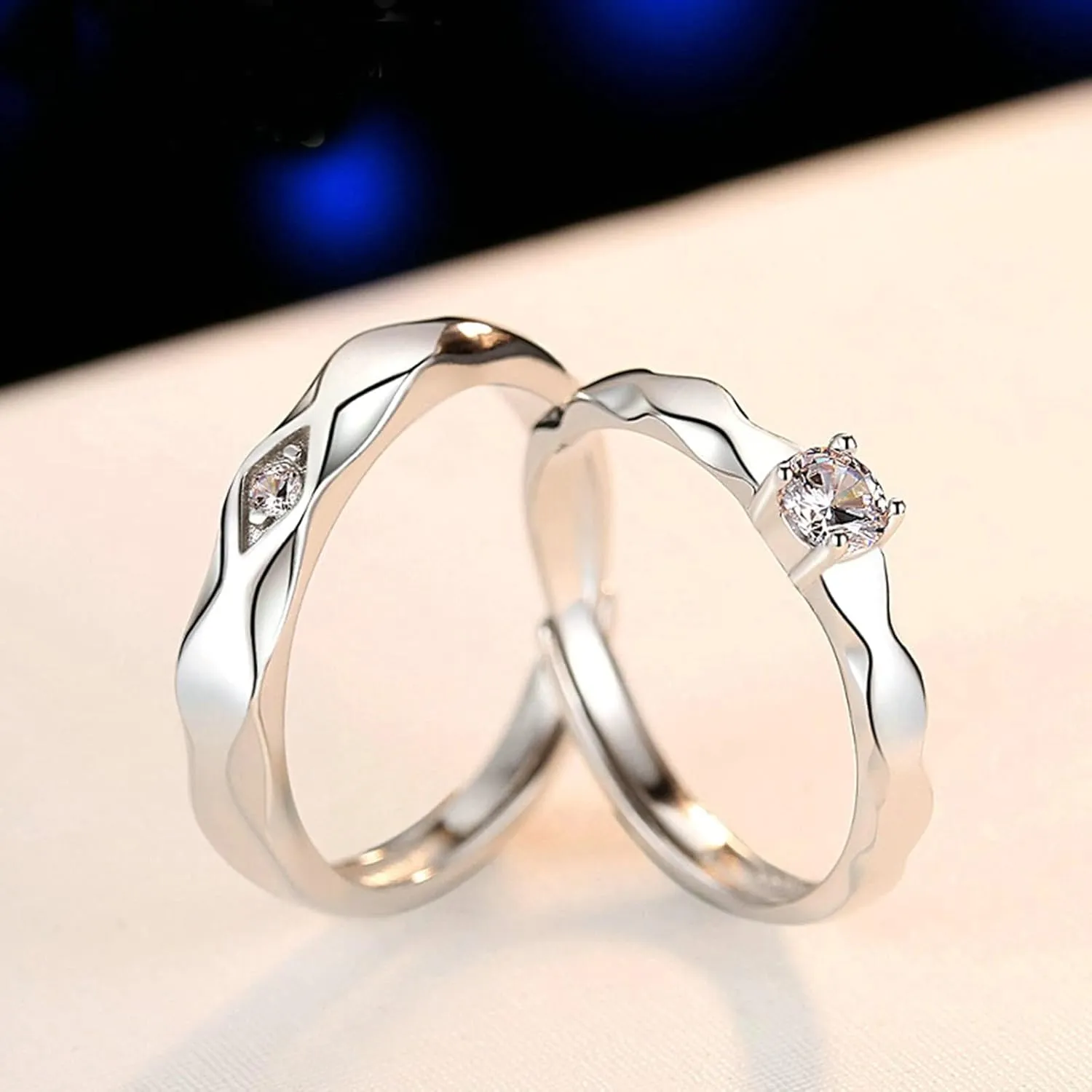 925 Sterling Silver Rings Engagement Ring, Adjustable Wedding Rings for Couple Personalized Wave Ring with Cubic Zirconia
