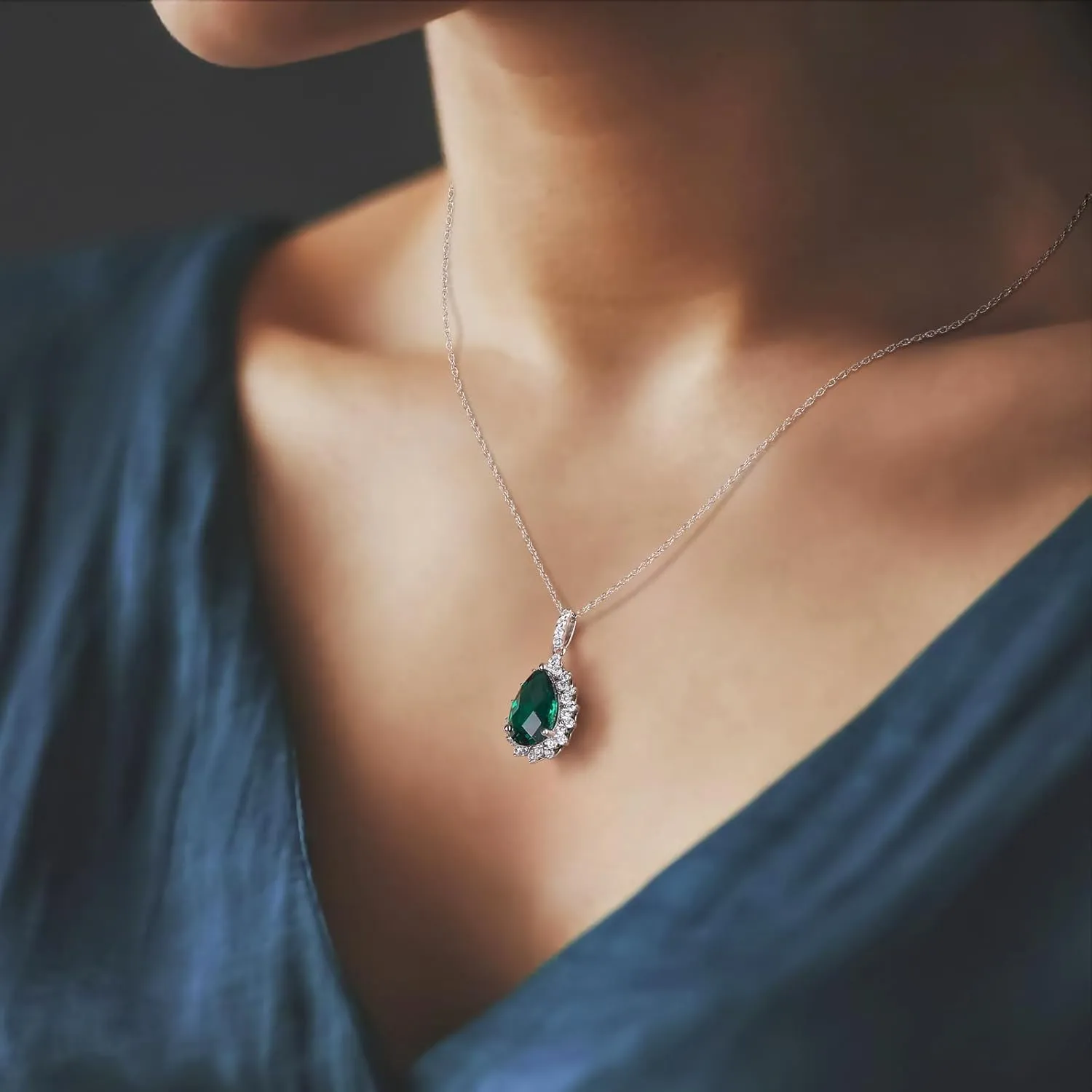 925 Sterling Silver Teardrop Necklace for Women Huge Created Gemstone Solitaire Halo Pendant Pear Cut Birthstone Necklace
