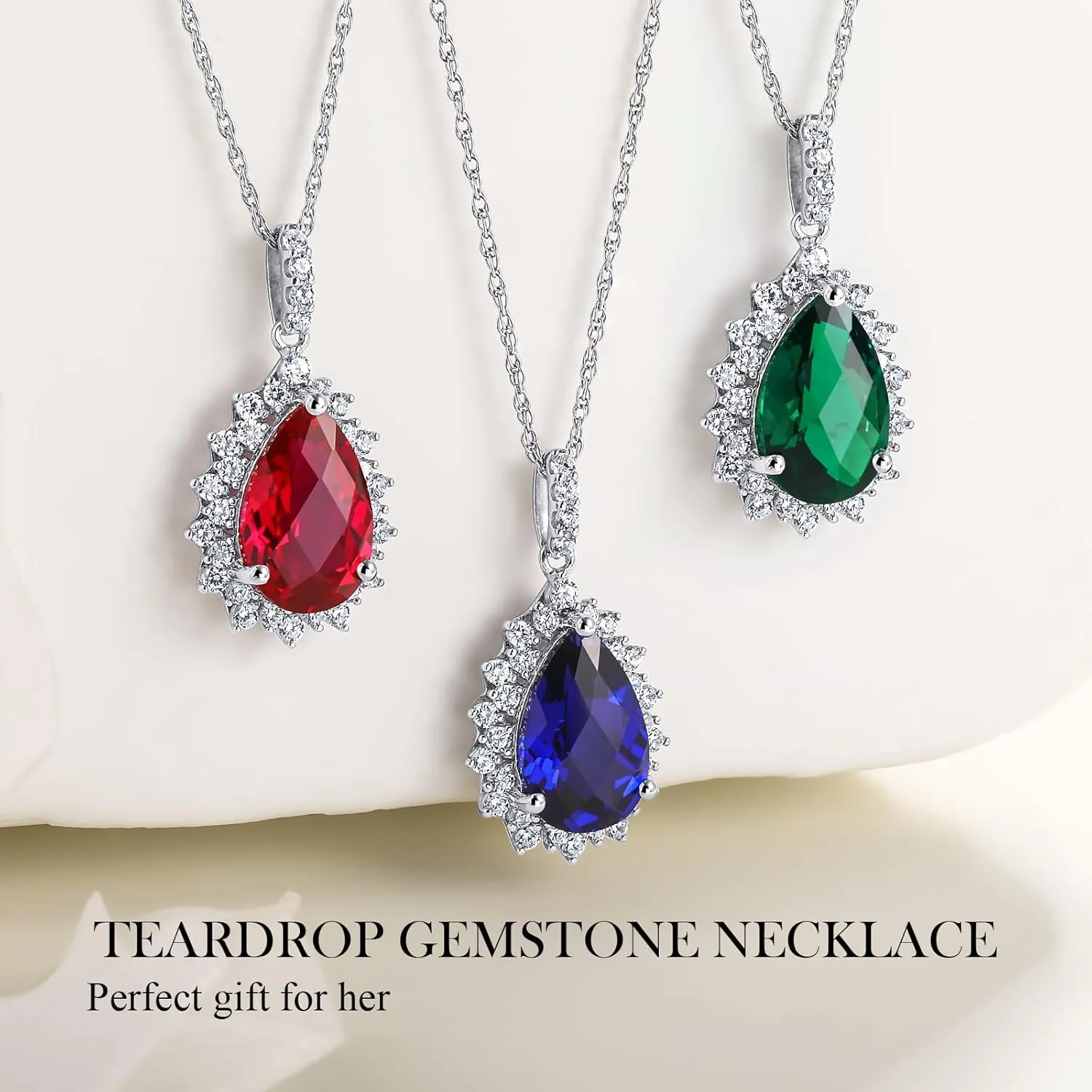 925 Sterling Silver Teardrop Necklace for Women Huge Created Gemstone Solitaire Halo Pendant Pear Cut Birthstone Necklace