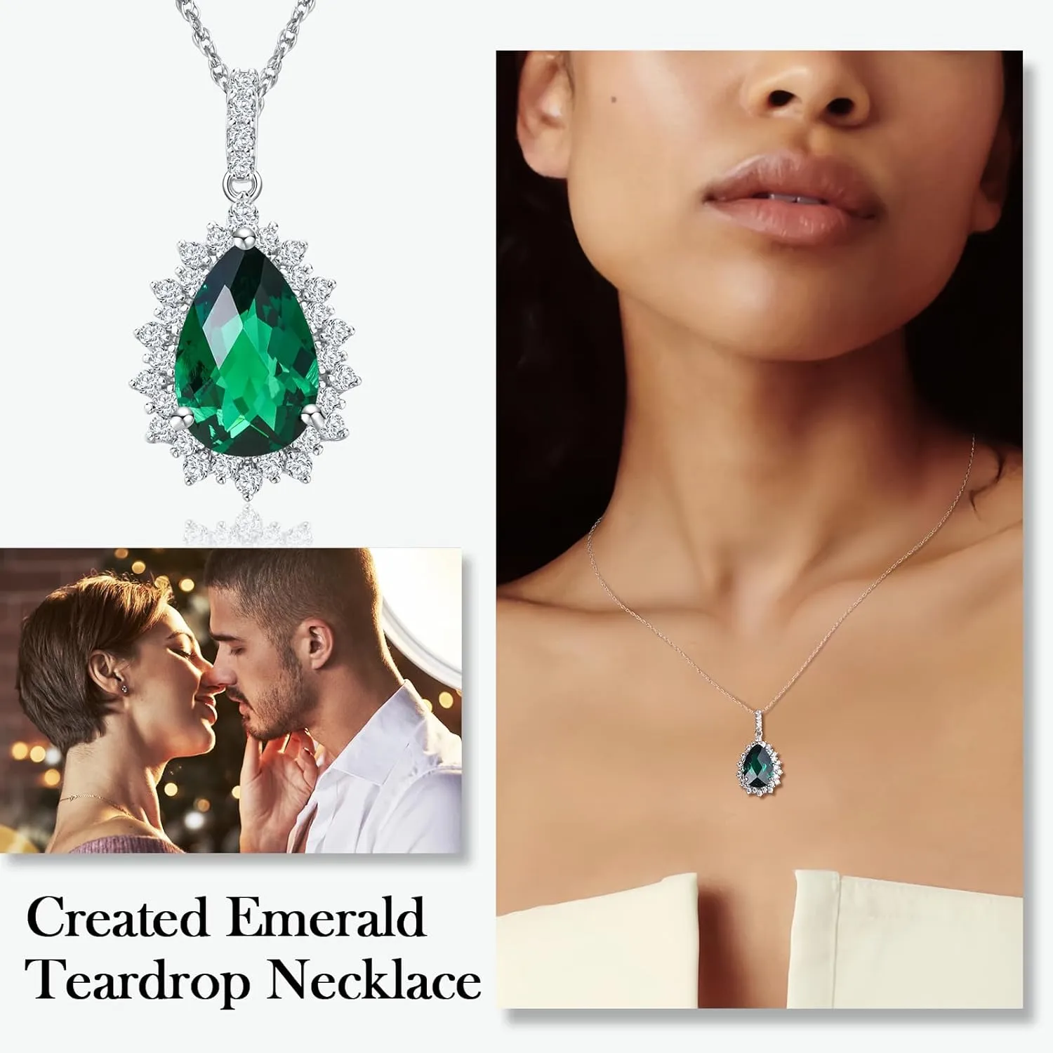 925 Sterling Silver Teardrop Necklace for Women Huge Created Gemstone Solitaire Halo Pendant Pear Cut Birthstone Necklace