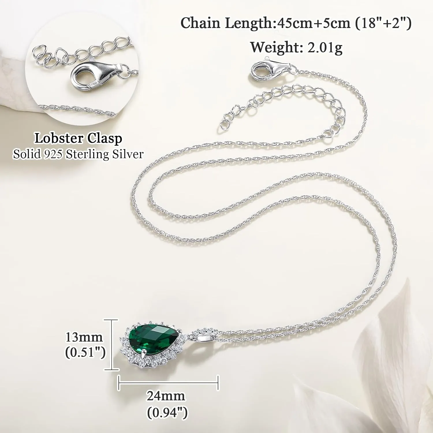 925 Sterling Silver Teardrop Necklace for Women Huge Created Gemstone Solitaire Halo Pendant Pear Cut Birthstone Necklace