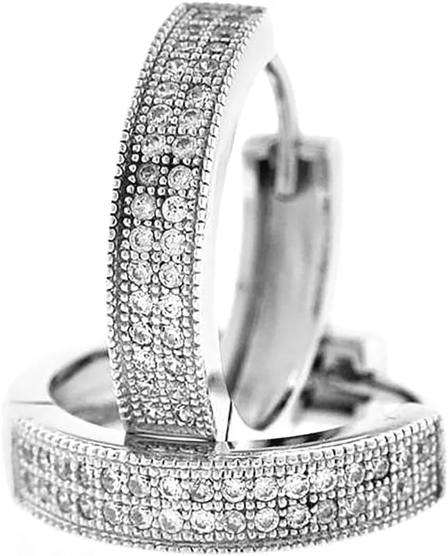 925 Sterling Silver Womens CZ Simulated Diamond Two row Huggie 3.8mm Hoop Earrings-Hoop Earring for Women