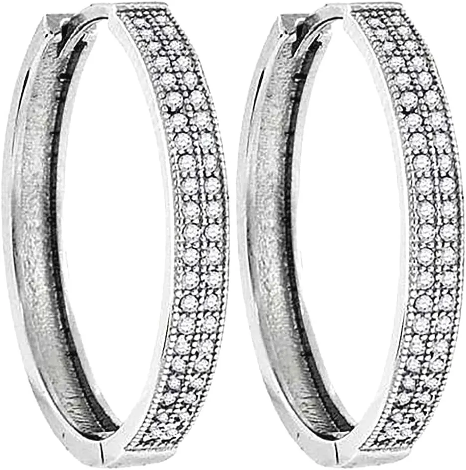 925 Sterling Silver Womens CZ Simulated Diamond Two row Huggie Hoop Earrings 25.4x26.4mm Wide-Hoop Earring for Women
