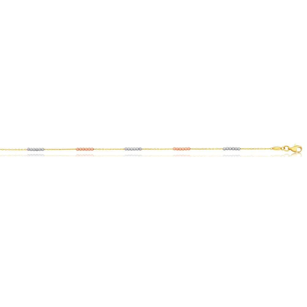 9ct Yellow Gold Anklet 23cm with 3 Tone Beads