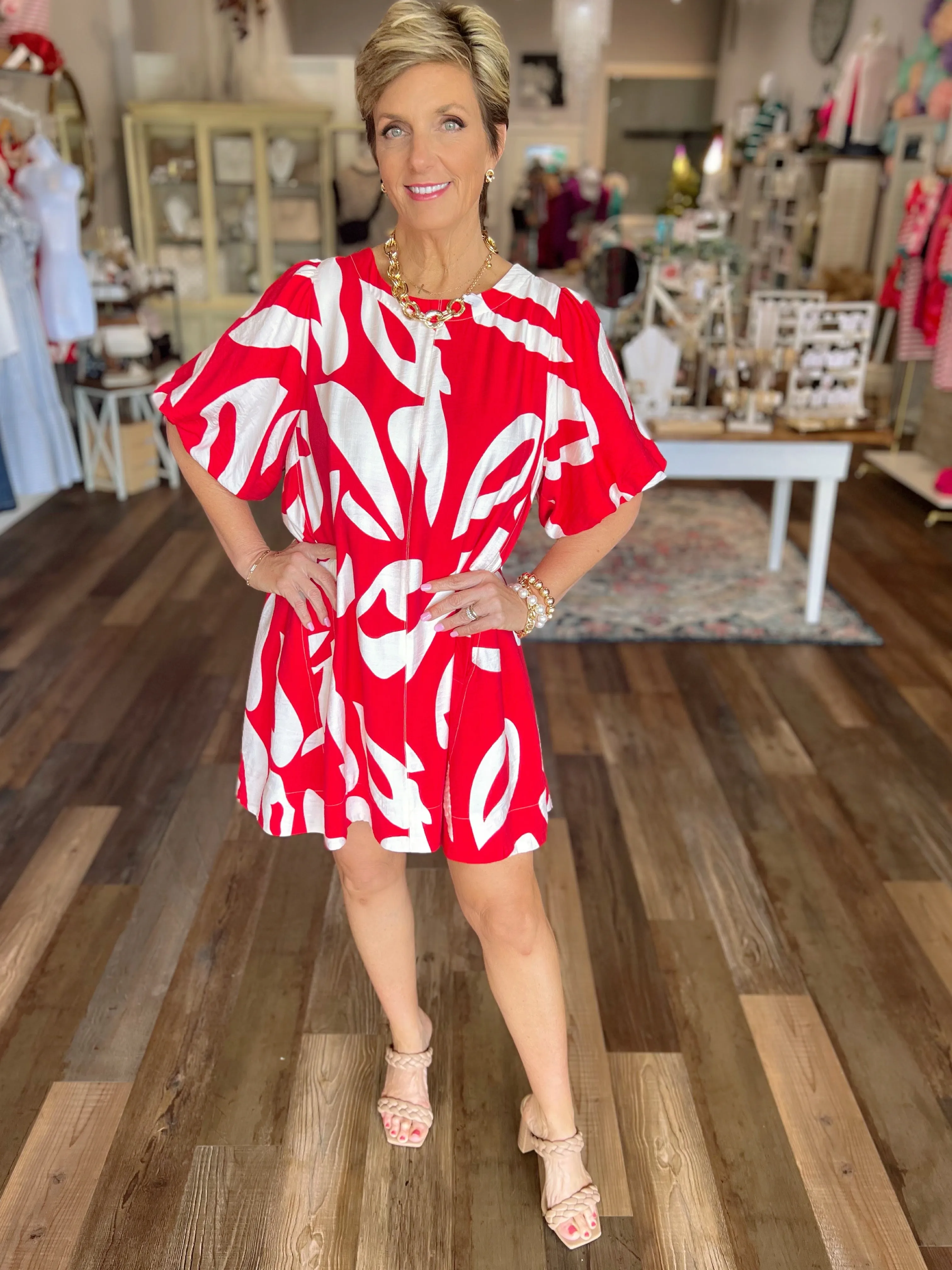 Abstract Print Puff Sleeve Mini Dress