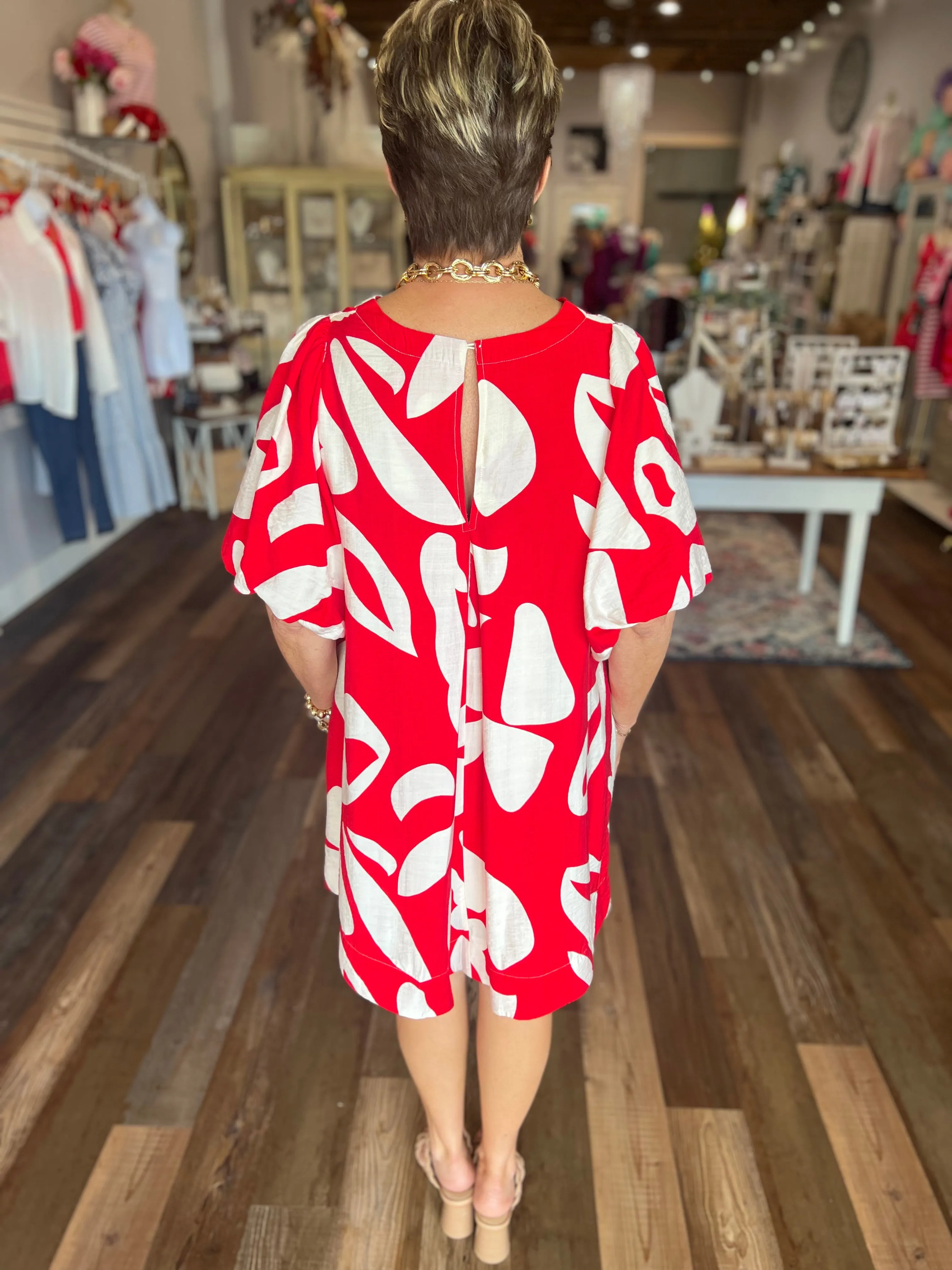 Abstract Print Puff Sleeve Mini Dress