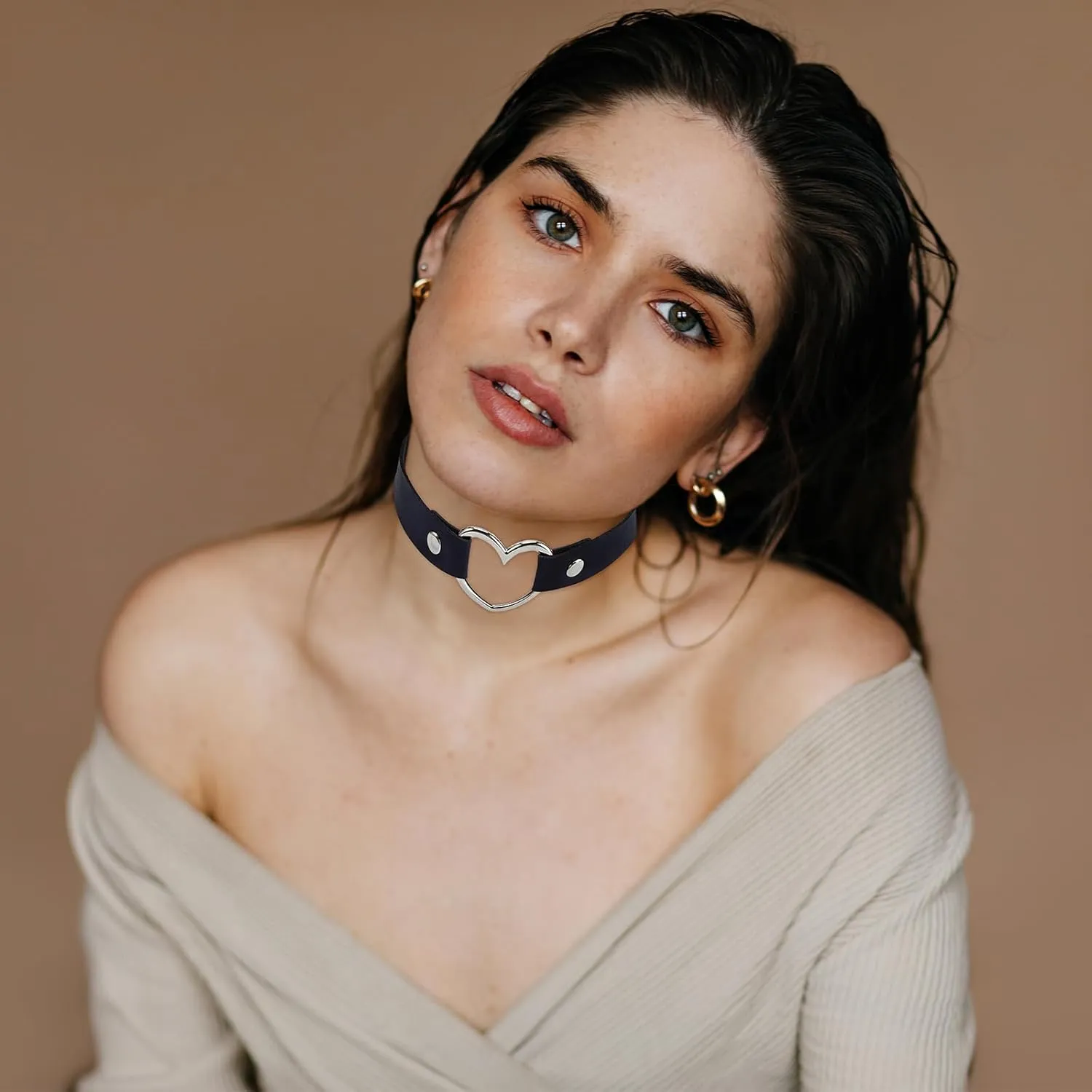 American Trends Vintage PU Leather Choker Necklace Love Heart Adjustable Goth Choker Gothic Punk Choker PU Necklace Soft Collar Chain for Women Girls