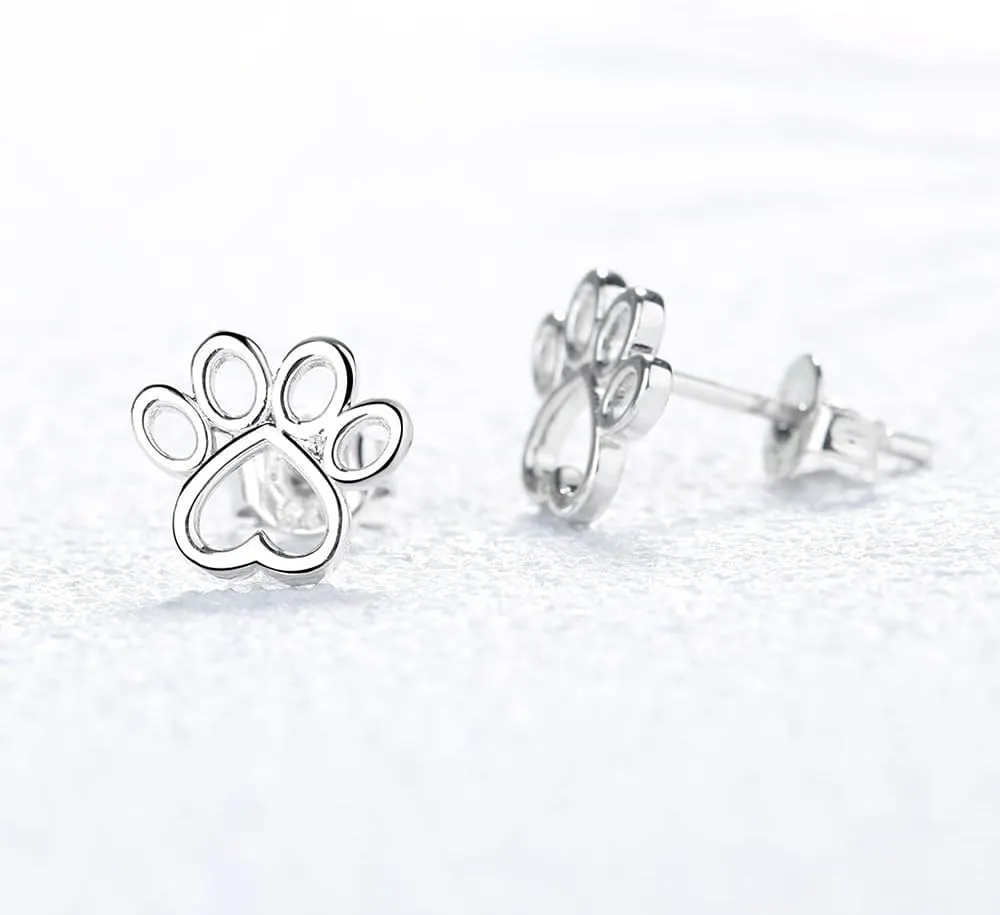 Amy & Annette Sterling Silver Crystal Paw Stud Earrings - (Size 10mm