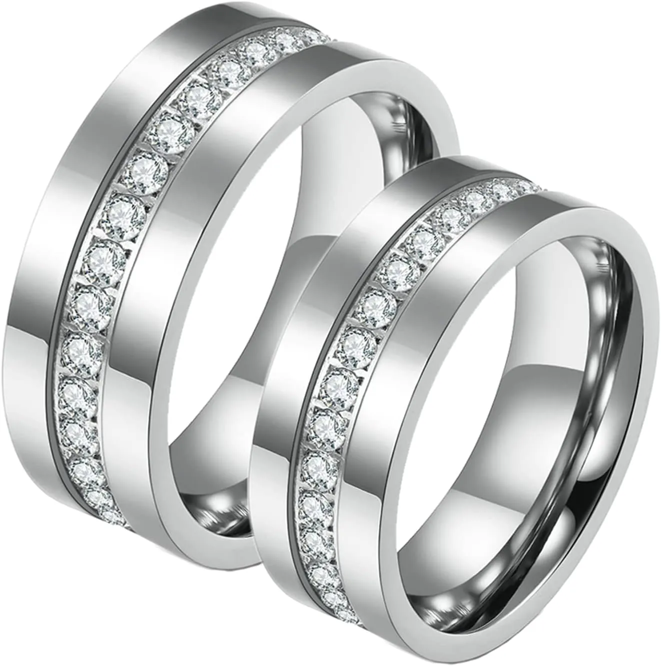ANAZOZ Matching Couple Promise Rings, Cubic Zirconia Ring Eternity Band Stainless Steel 8MM Silver Couple Rings