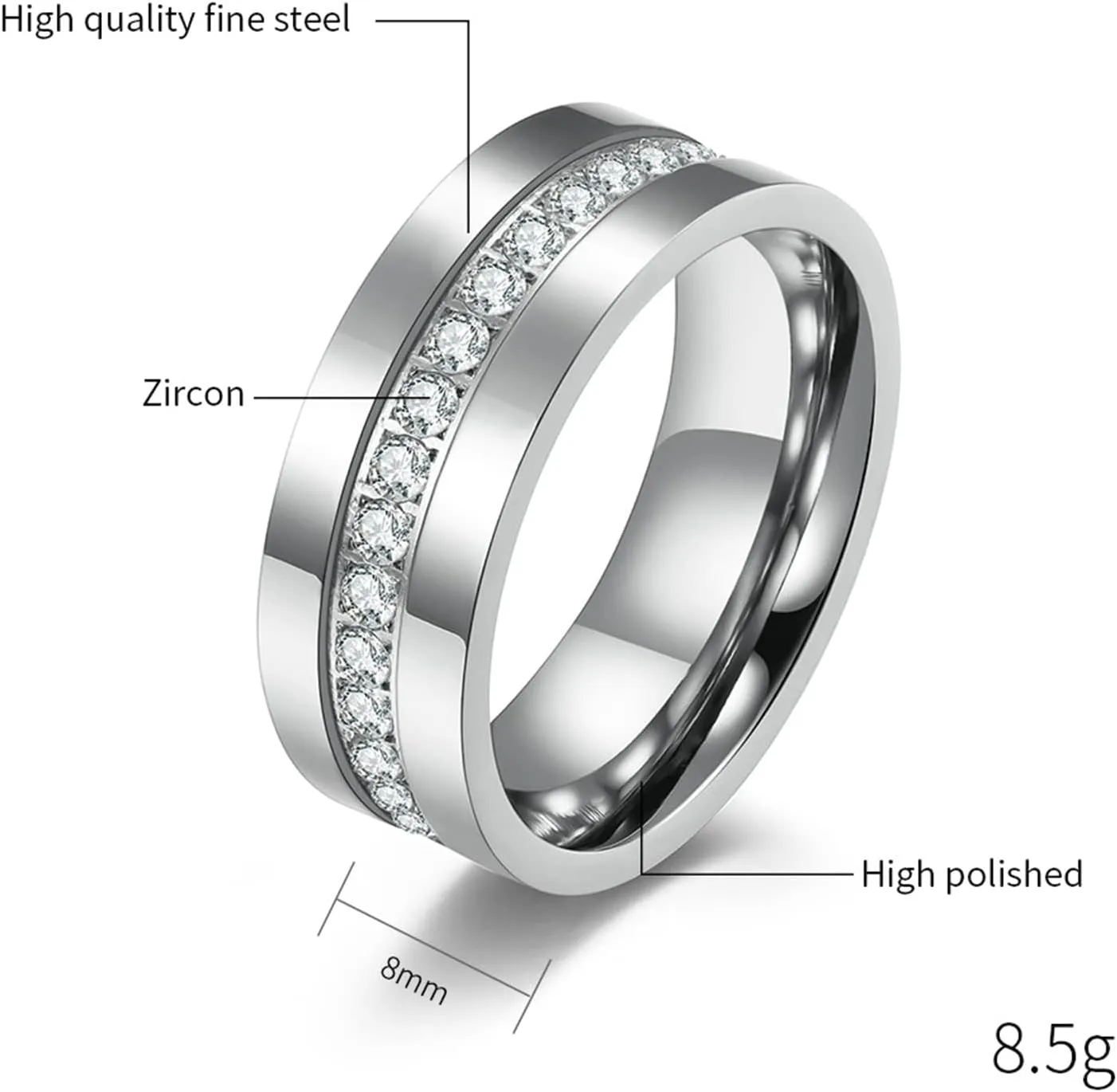 ANAZOZ Matching Couple Promise Rings, Cubic Zirconia Ring Eternity Band Stainless Steel 8MM Silver Couple Rings